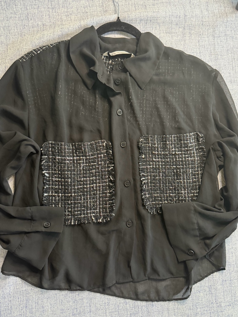 Zara Black Sheer Button-Front Jacket with Tweed Patch Pockets